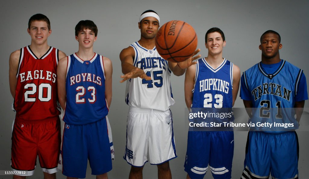 JERRY HOLT jgholt@startribune.com 3/19/2006----2006 All-Metro Boys first team left to right Ryan Wittman Eden Prairie, Matt Janning Watertown-Mayer, Bryce Webster (player of the Year) St. Thomas Academy, Blake Hoffarber Hopkins, and Kwadzo Ahelegbe Tartan