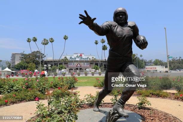 Detail of Jackie Robinson statue ahead of the 2019 CONCACAF Gold Cup at Rose Bowl on June 13, 2019 in Pasadena, California.