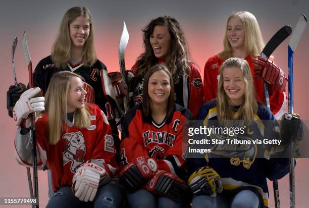 Dbrewster@startribune.com Sunday_2/19/06_studio - - - - - - - - - Girls hockey all-metro players of the year - - - BACKROW- Meaghan Pezon , Alannah...