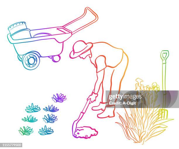 attentive gardener rainbow - mature woman hobby stock illustrations