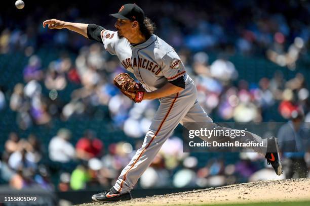 Jeff Samardzija of the San Francisco Giants pitches against the Colorado Rockies during game one of a doubleheader at Coors Field on July 15, 2019 in...