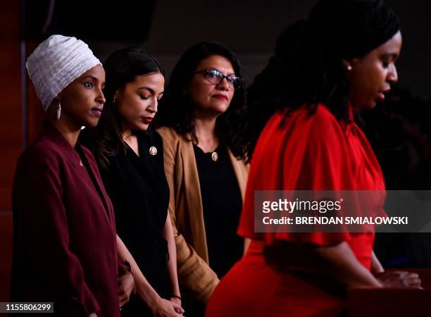 Representatives Ayanna Pressley speaks as, Ilhan Abdullahi Omar , Rashida Tlaib , and Alexandria Ocasio-Cortez hold a press conference, to address...