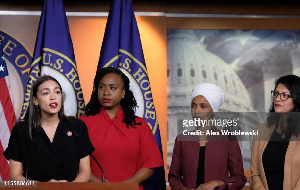 Rep. Alexandria Ocasio-Cortez speaks as Reps. Ayanna Pressley , Ilhan Omar , and Rashida Tlaib listen during a press conference at the US Capitol on...