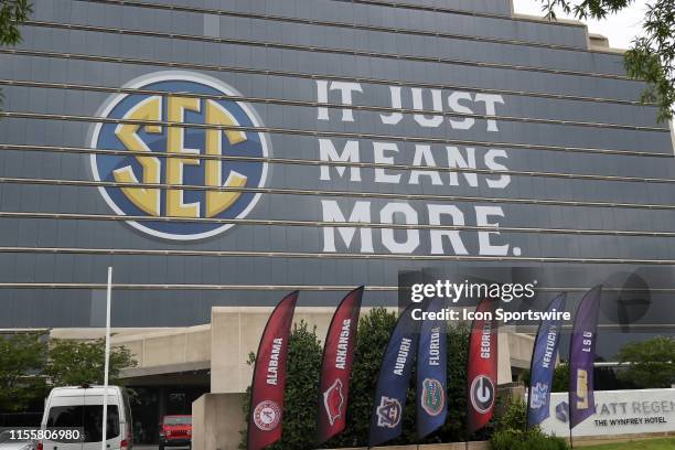 General view of signage at the 2019 SEC Football Media Days on July 15, 2019 at The Wynfrey Hotel in Hoover, Alabama.