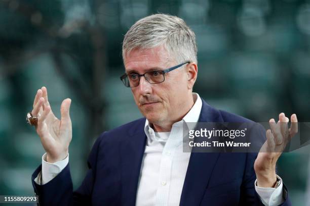 General manager Jeff Luhnow of the Houston Astros reacts before the game against the Milwaukee Brewers at Minute Maid Park on June 11, 2019 in...