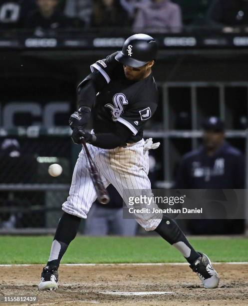 Leury Garcia of the Chicago White Sox hits a solo home run in the 7th inning against the New York Yankees at Guaranteed Rate Field on June 13, 2019...
