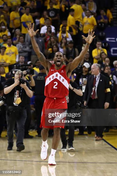 Kawhi Leonard of the Toronto Raptors celebrates his teams win over the Golden State Warriors in Game Six to win the 2019 NBA Finals at ORACLE Arena...