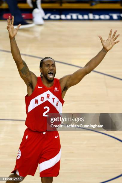 Kawhi Leonard of the Toronto Raptors celebrates his teams win over the Golden State Warriors in Game Six to win the 2019 NBA Finals at ORACLE Arena...