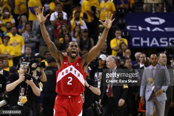 Kawhi Leonard of the Toronto Raptors celebrates his teams win over the Golden State Warriors in Game Six to win the 2019 NBA Finals at ORACLE Arena...