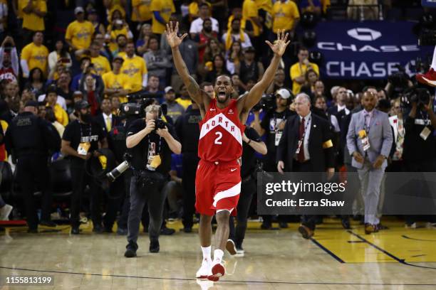 Kawhi Leonard of the Toronto Raptors celebrates his teams win over the Golden State Warriors in Game Six to win the 2019 NBA Finals at ORACLE Arena...