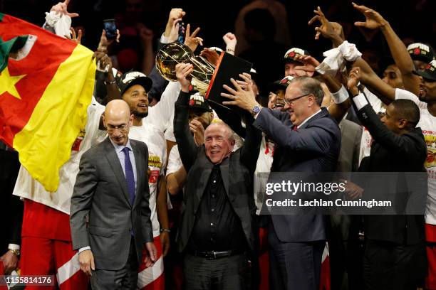 Larry Tanenbaum holds the Larry O'Brien Championship Trophy after the Toronto Raptors defeat the Golden State Warriors to win Game Six of the 2019...