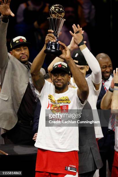 Kawhi Leonard of the Toronto Raptors is awarded the MVP after his team defeated the Golden State Warriors to win Game Six of the 2019 NBA Finals at...
