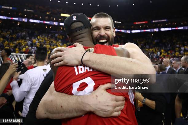 Serge Ibaka and Marc Gasol of the Toronto Raptors celebrates their teams victory over the Golden State Warriors in Game Six to win the 2019 NBA...