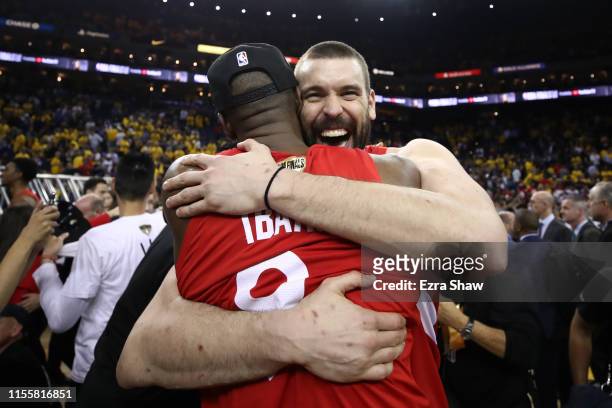 Serge Ibaka and Marc Gasol of the Toronto Raptors celebrates their teams victory over the Golden State Warriors in Game Six to win the 2019 NBA...