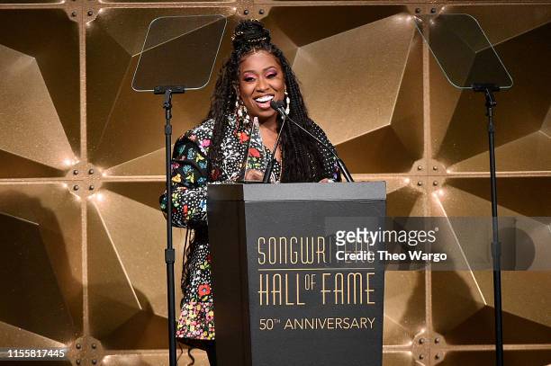Inductee Missy Elliott speaks onstage during the Songwriters Hall Of Fame 50th Annual Induction And Awards Dinner at The New York Marriott Marquis on...