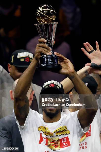 Kawhi Leonard of the Toronto Raptors is awarded the MVP after his team defeated the Golden State Warriors to win Game Six of the 2019 NBA Finals at...