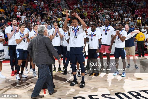 Brandon Clarke of the Memphis Grizzlies holds the Summer League Championship Game MVP Trophy after the Finals of the Las Vegas Summer League against...