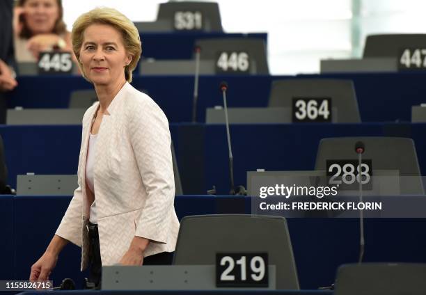 Outgoing German Defence Minister and EU Commission president nominee Ursula von der Leyen arrives to deliver a speech during her statement for her...