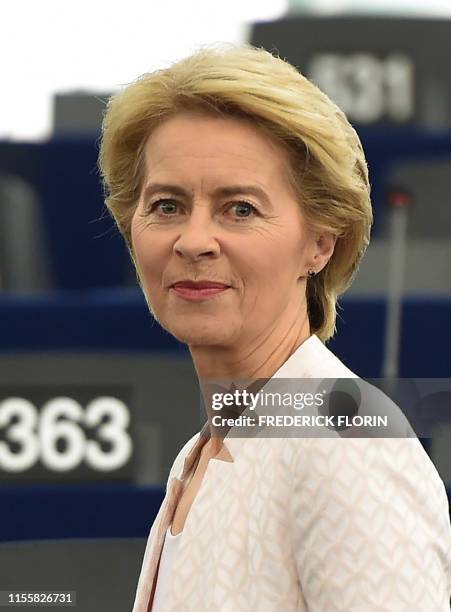 Outgoing German Defence Minister and EU Commission president nominee Ursula von der Leyen arrives to deliver a speech during her statement for her...