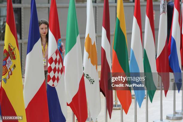 Flags and flags of the European countries state member next to the red carpet where EU leaders arrive in the EU in the European Council building...