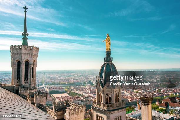 panorama from the top of the fourviere church of the french city of lyon - lyon stock-fotos und bilder