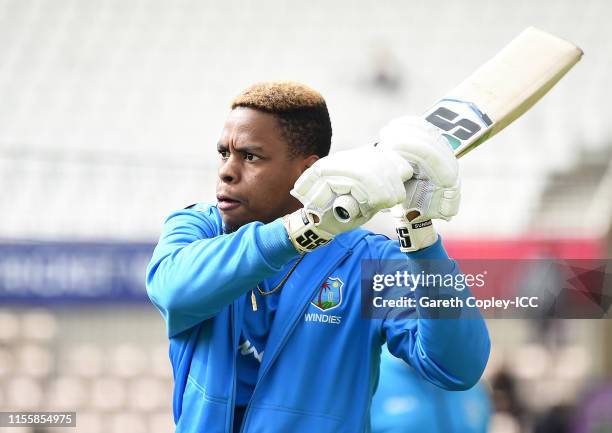 Shimron Hetmyer of West Indies warms up during the Group Stage match of the ICC Cricket World Cup 2019 between England and West Indies at The Ageas...