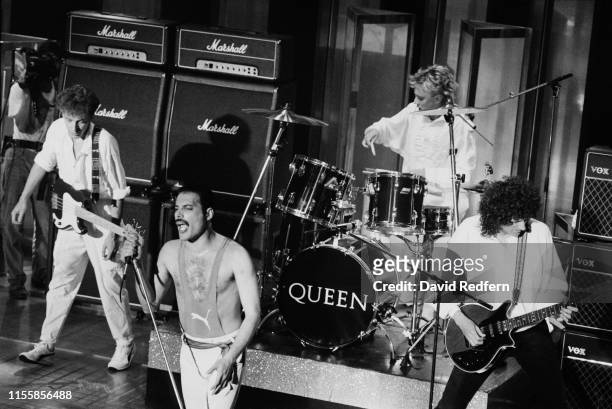 English rock group Queen perform live on stage at the Golden Rose Pop Festival in Montreux, Switzerland on 12th May 1984. Members of the band are,...