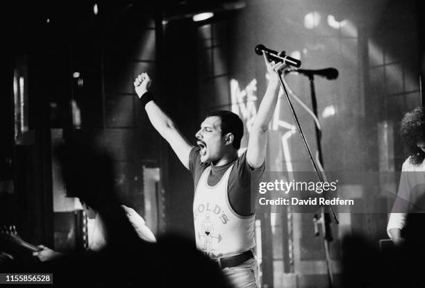 Singer Freddie Mercury of English rock group Queen performs live on stage at the Golden Rose Pop Festival in Montreux, Switzerland on 11th May 1986....