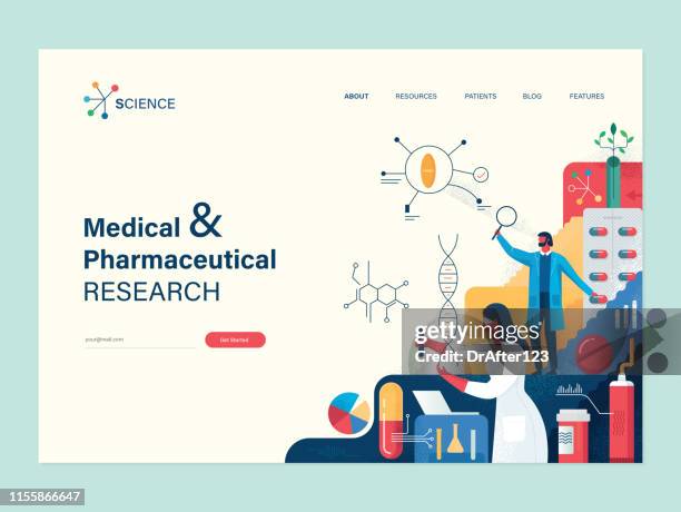 ilustraciones, imágenes clip art, dibujos animados e iconos de stock de plantilla web de investigación médica - investigación médica