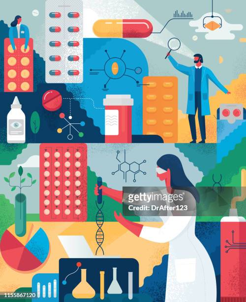 ilustraciones, imágenes clip art, dibujos animados e iconos de stock de desarrollo de medicamentos - investigación médica
