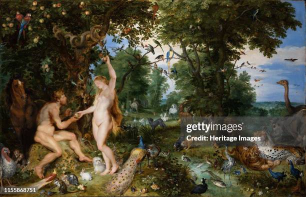 The Garden of Eden with the Fall of Man, circa 1615. Found in the Collection of The Mauritshuis, The Hague. Artist Brueghel, Jan, the Elder .