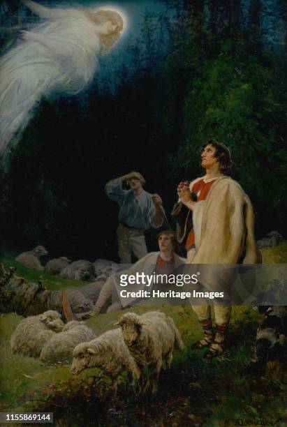 The Annunciation to the Shepherds, 1880. Found in the Collection of Slovak National Gallery, Bratislava. Artist Liebscher, Adolf .