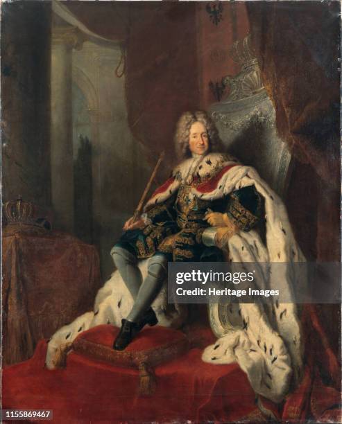 King Frederick I on the silver throne, circa 1712. Found in the Collection of Staatliche Museen, Berlin. Artist Pesne, Antoine .