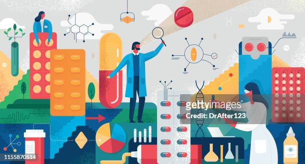 illustrazioni stock, clip art, cartoni animati e icone di tendenza di concetto di ricerca in farmacia - ricerca
