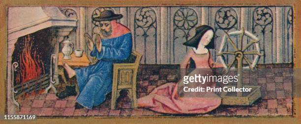 February - spinning, late 15th century, . A man takes off his boots to warm his feet by the fire as a woman uses a wheel to spin thread. Detail of a...