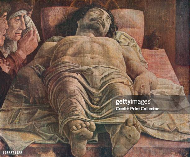 Lamentation over the Dead Christ', 1470-1474, . Dramatically foreshortened view of the body of Jesus Christ, showing his stigmata. Painting in the...