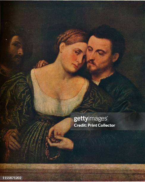 The Venetian Lovers', 1525-1530, . Man and woman holding a necklace. The third figure may be a self portrait of the . Artist . Painting in the...