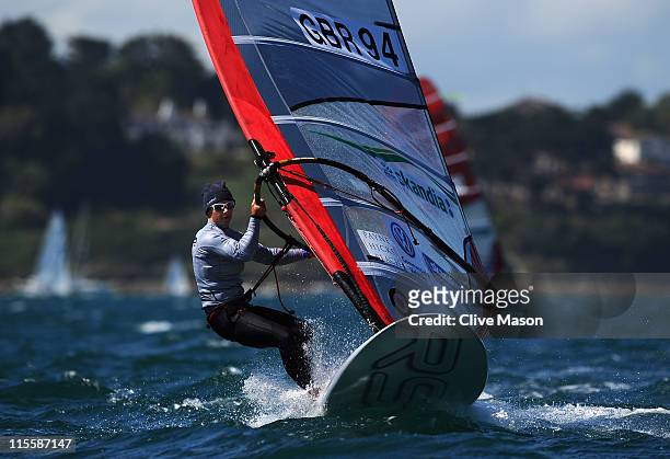 Bryony Shaw of Great Britain in action during an RS-X race on day three of the Skandia Sail For Gold Regatta at the Weymouth and Portland National...