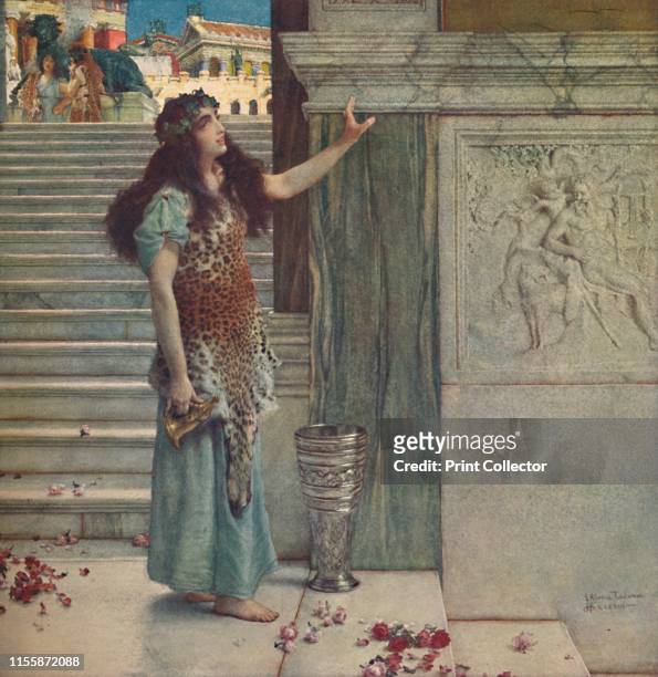 Calling the Worshippers', circa 1893. Barefoot woman wearing a leopard skin, standing on marble steps strewn with rose petals. From "Modern Art...