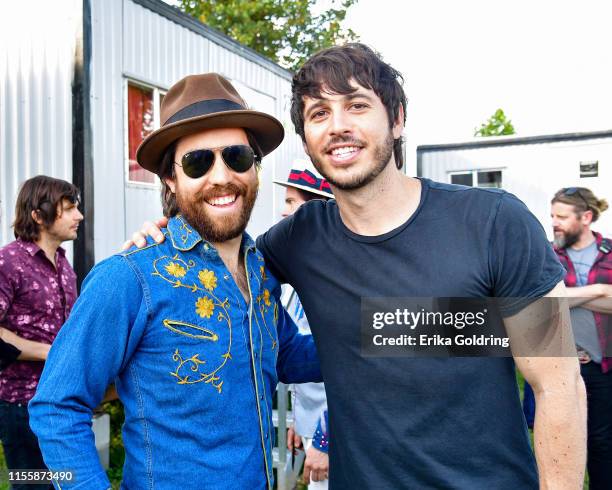 Joe Andrews of Old Crow Medicine Show and Morgan Evans backstage during 2019 Bonnaroo Music & Arts Festival on June 13, 2019 in Manchester, Tennessee.