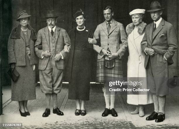 King George V, Queen Mary, Prince George, Princess Marina and her parents at Balmoral in 1934', . Group portrait at the royal residence of Balmoral...