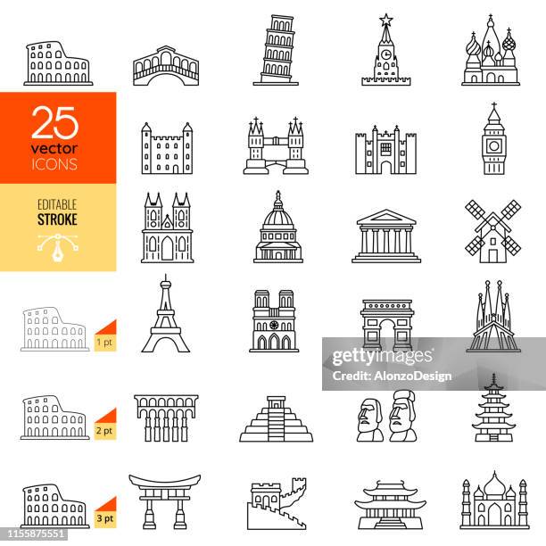 ilustraciones, imágenes clip art, dibujos animados e iconos de stock de conjunto de iconos de línea de punto de referencia de viaje. trazo editable. - pagoda templo