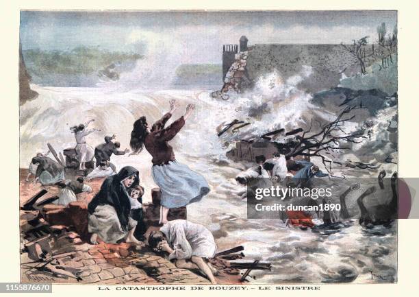 disaster, flood caused by failure of bouzey dam, france, 1895 - blast from the past stock illustrations