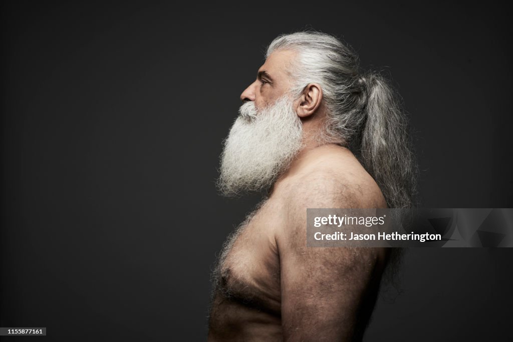 A Senior Man In Profile Bare Chested With A White Beard And Long Grey Hair Tied Back High-Res Stock Photo - Getty Images A Senior Man In Profile Bare Chested With A White Beard And Long Grey Hair Tied Back High-Res Stock Photo - Getty Images