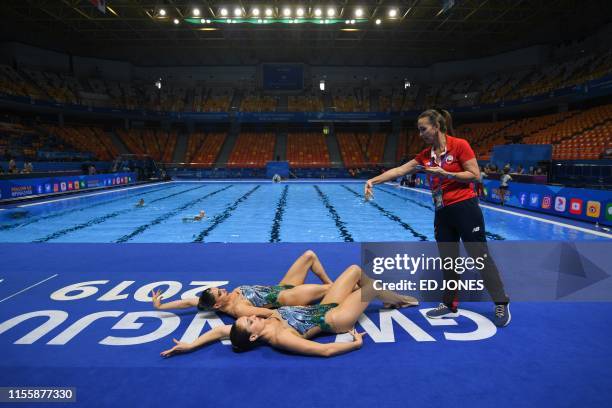 Team members of Chile pose for photographs before the team technical artistic swimming final during the 2019 World Championships at Yeomju Gymnasium...