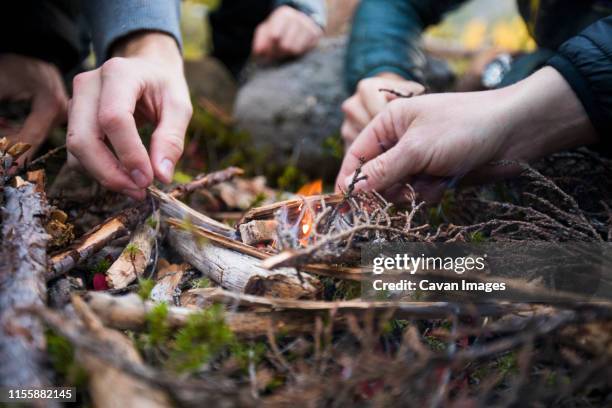 low angle view of many hands working to light a fire outdoors. - wilderness camping stock pictures, royalty-free photos & images