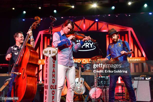 Morgan Jahnig, Ketch Secor and Joe Andrews of Old Crow Medicine Show perform during 2019 Bonnaroo Music & Arts Festival on June 13, 2019 in...