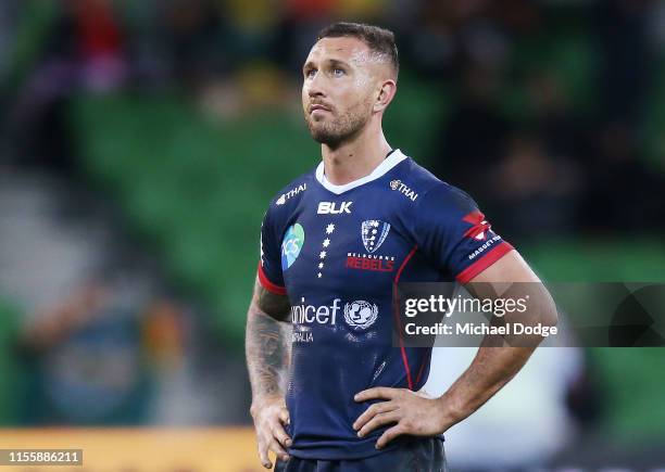 Quade Cooper of the Rebels looks dejected after defeat during the round 18 Super Rugby match between the Rebels and the Chiefs at AAMI Park on June...