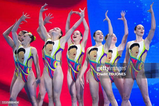 France's team compete in the team technical artistic swimming final during the 2019 World Championships at Yeomju Gymnasium in Gwangju on July 16,...