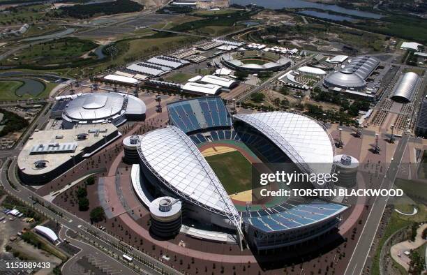 An aerial view 15 December, 1999 shows the Homebush Bay Olympic site featuring the SuperDome , Main Arena for baseball, and Stadium Australia , which...